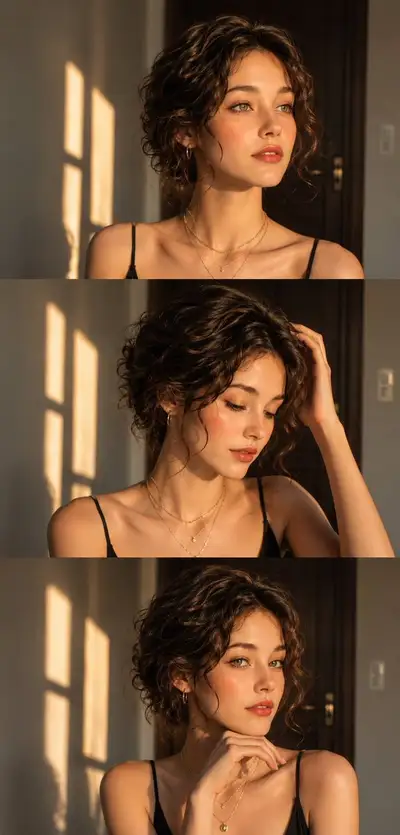 Colagem de retrato em três painéis com hora dourada a partir de uma foto de referência