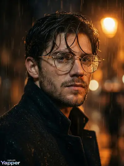 Cinematic noir portrait of a man in heavy night rain