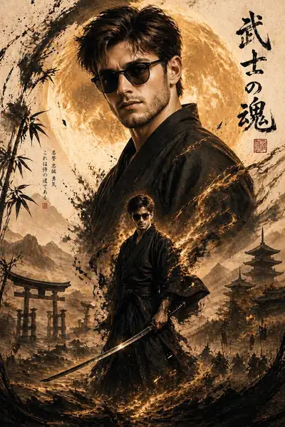 Filmisches Poster eines Samurai-Kriegers aus dem feudalen Japan