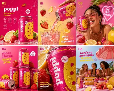 Set publicitario comercial de soda Poppi de fresa y limón