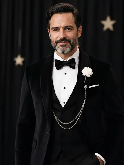 Formal tuxedo portrait with velvet lapel and pocket chain