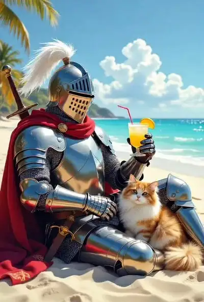 Cavaleiro Medieval e Gato em Férias na Praia