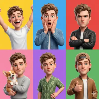 Cuadrícula de expresiones de personaje estilo Pixar, 6 paneles