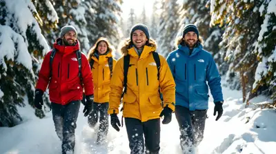 Adventurers in Snowy Forest with Colorful Jackets