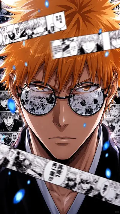 Bleach-style anime key visual with manga panel reflections