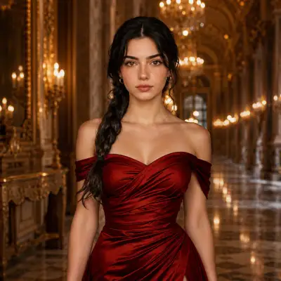 Porträt im roten Kleid in einem goldenen Palastkorridor