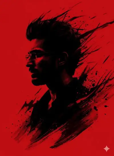 Retrato Dramático Estilizado con Fondo Rojo