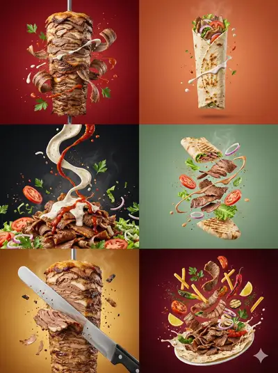 Doner kebab commercial photography series with six dramatic modules