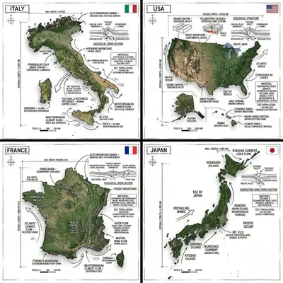 Country infographic with technical annotation overlay