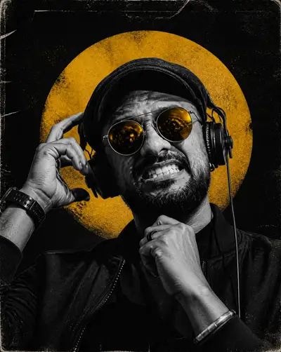 Dark underground club poster portrait with amber sunglasses