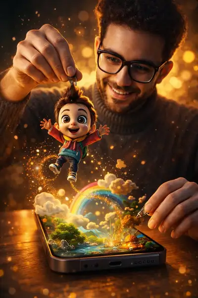 Surreal Cinematic Man Emerging from Phone with Tiny Cartoon Boy