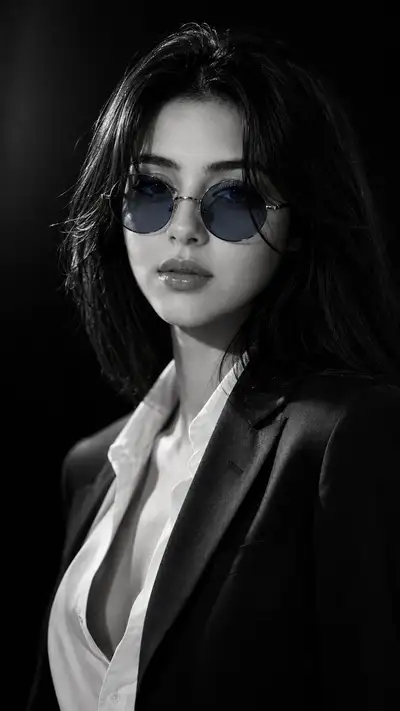Portrait de mode cinématographique monochrome avec lunettes de soleil rondes