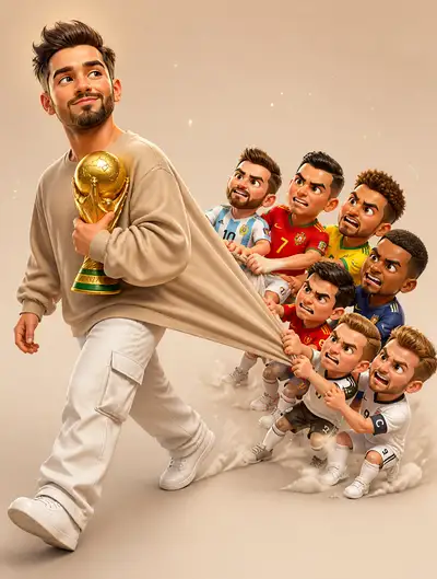 Pixar-style man with World Cup trophy illustration prompt