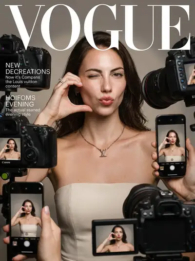 Portrait de couverture du magazine Vogue entouré de caméras de paparazzi