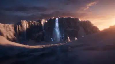 VFX de caverna de hielo formando texto FROST brillante