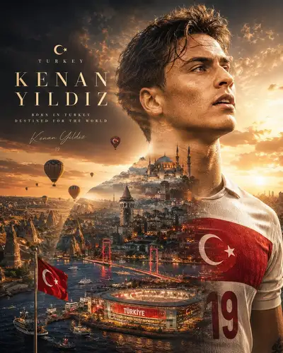 Kinematografisches Doppelbelichtungs-Poster eines Fußballstars und einer Stadtsilhouette