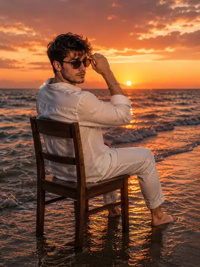 Filmisches Strand-Sonnenuntergangsporträt im goldenen Licht