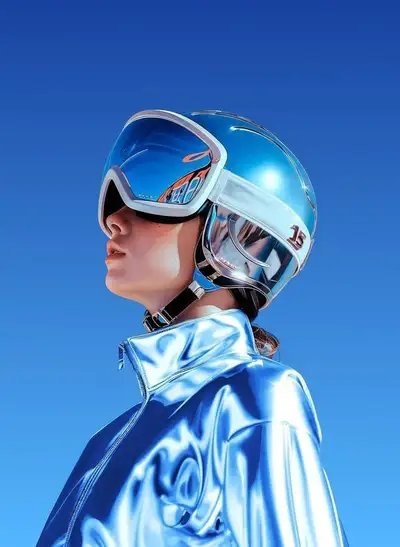 Cyberpunk chrome helmet profile portrait