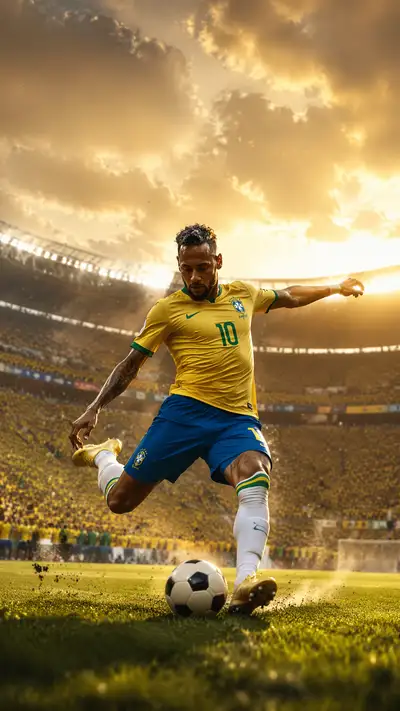 Dynamic Brazil football poster with golden stadium lighting