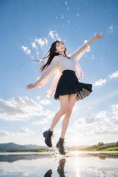 Morning Jump Fashion Portrait Over Water