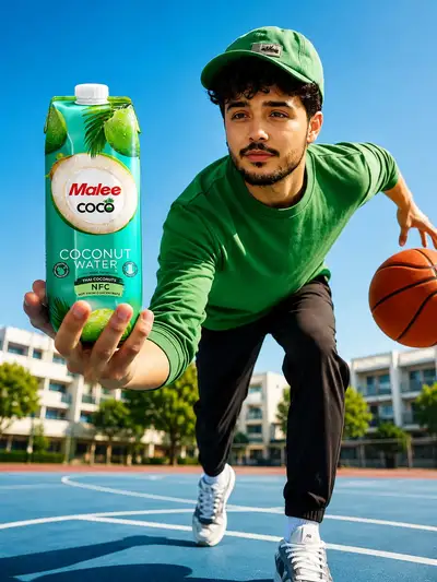 Athletic Man with Coconut Water on Basketball Court