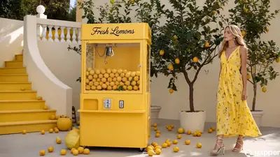 Publicité de vernis à ongles de luxe avec machine à pinces au citron brillant