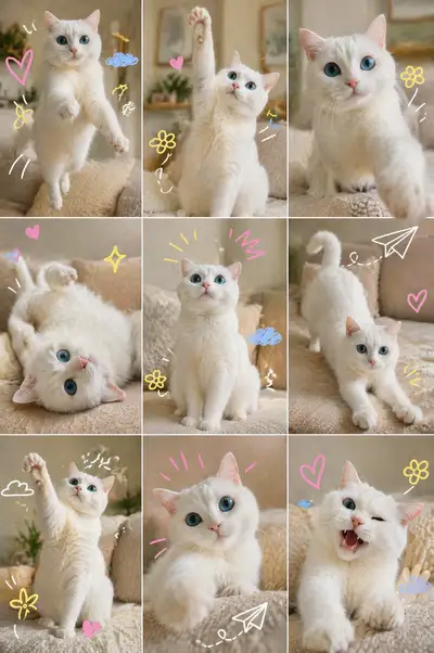 Playful white British shorthair cat 3x3 collage
