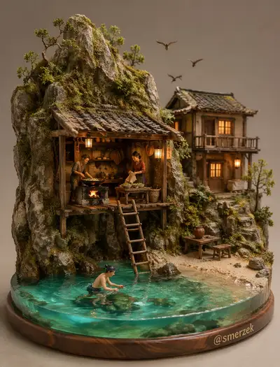 Miniature diorama of a rustic mountain dwelling with tiny figures