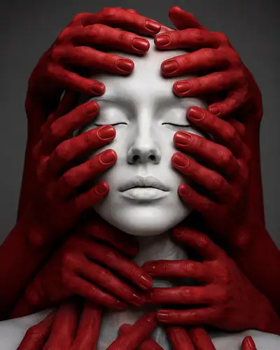 Surreal Porcelain Face Surrounded by Red Hands