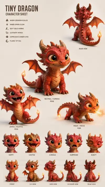 Pixar 3D Dragon Character Sheet Prompt
