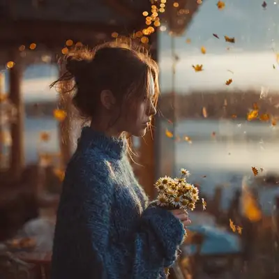 Cozy Autumn Cafe Woman Cinematic Prompt