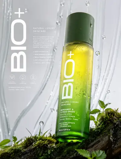 Bio+ luxury green acid bottle product advertisement