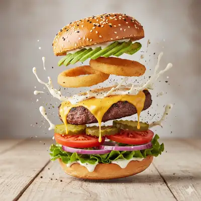 Deconstructed floating gourmet burger explosion shot