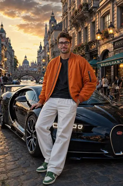 Homme posant à côté d'une Bugatti Chiron dans une rue européenne
