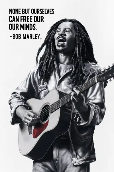 Croquis réaliste au crayon noir et blanc de Bob Marley avec citation