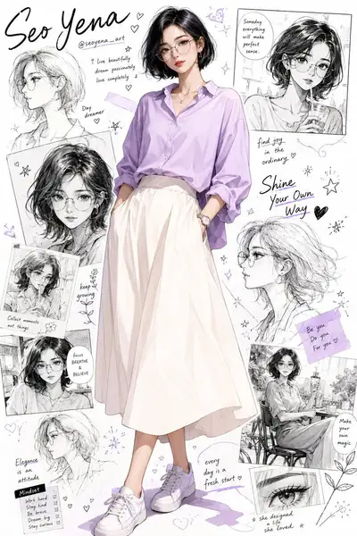 Semi-Realistic Anime Portrait With Sketch Collage Backdrop