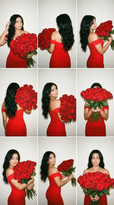 Photorealistic 3x3 Candid Flash Photo Grid with Roses