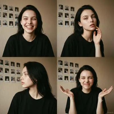 4-grid candid portrait collage with one consistent face
