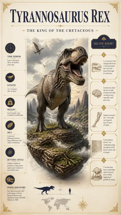 Luxury natural history infographic poster about the Tyrannosaurus rex