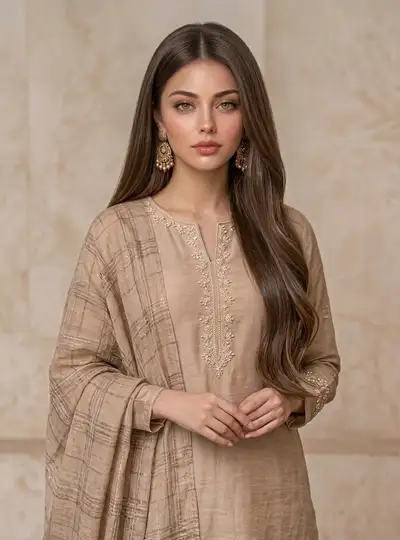 Retrato de moda do sul da Ásia em um café com kurti e dupatta
