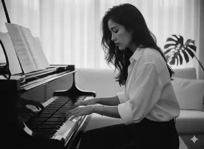 Portrait melancolique en noir et blanc d'une femme jouant du piano