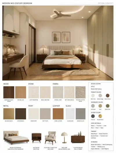 Mid-century modern bedroom interior design mood board