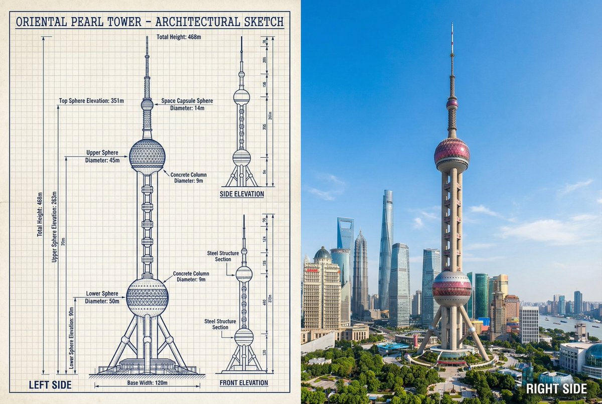 Technical Sketch to Photo Comparison - Oriental Pearl Tower