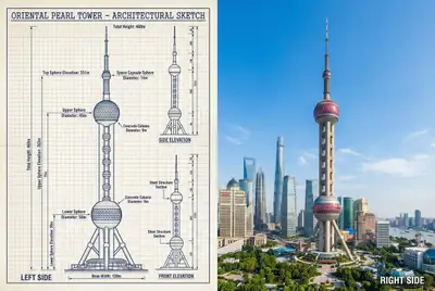Vergleich von technischer Skizze und Foto – Oriental Pearl Tower