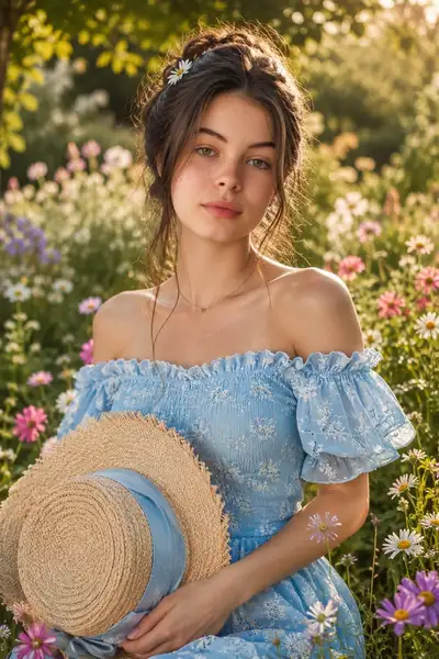 Dreamy Garden Portrait with Straw Hat