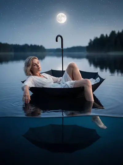 Surreal fine art portrait of woman resting in floating umbrella boat