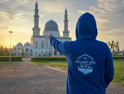 Hoodie logo photo edit facing away toward a mosque