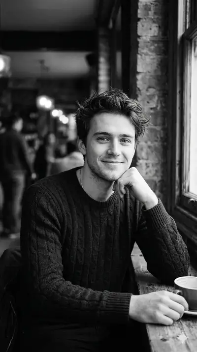 Cinematic Black and White Portrait in Rustic Cafe