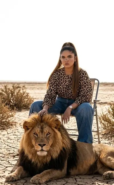 Surreal Fashion Portrait: Woman and Lion in Desert