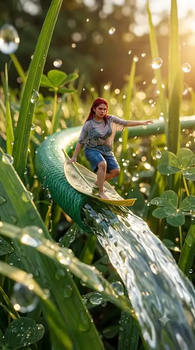 Toboggan d'eau géant dans un tuyau d'arrosage : prompt à échelle miniature avec identité verrouillée